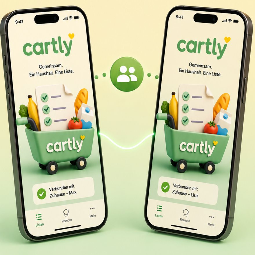 Cartly on two iPhones: the same shopping list, shared across the household